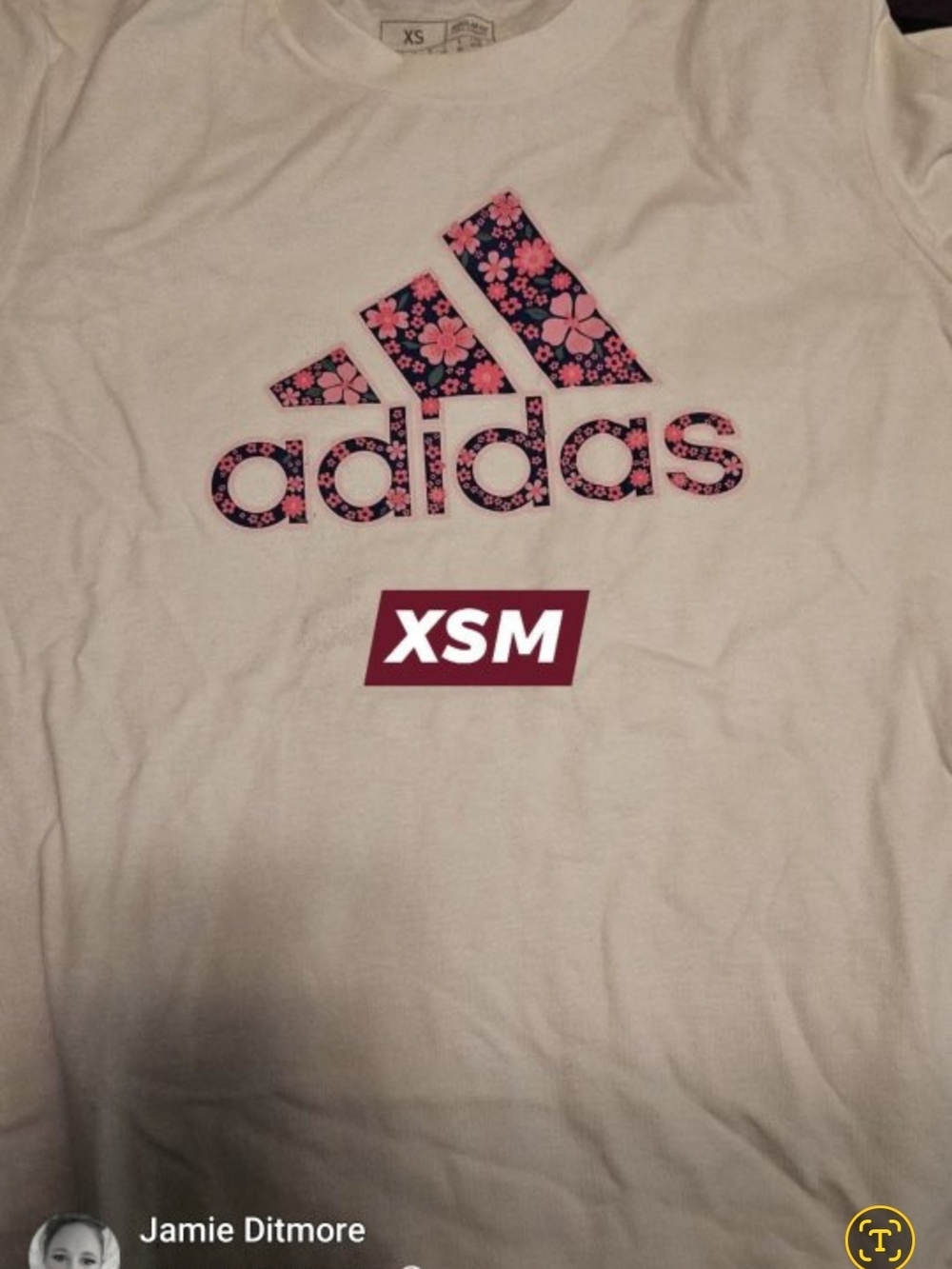 adidas White Tee with Pink Floral Logo